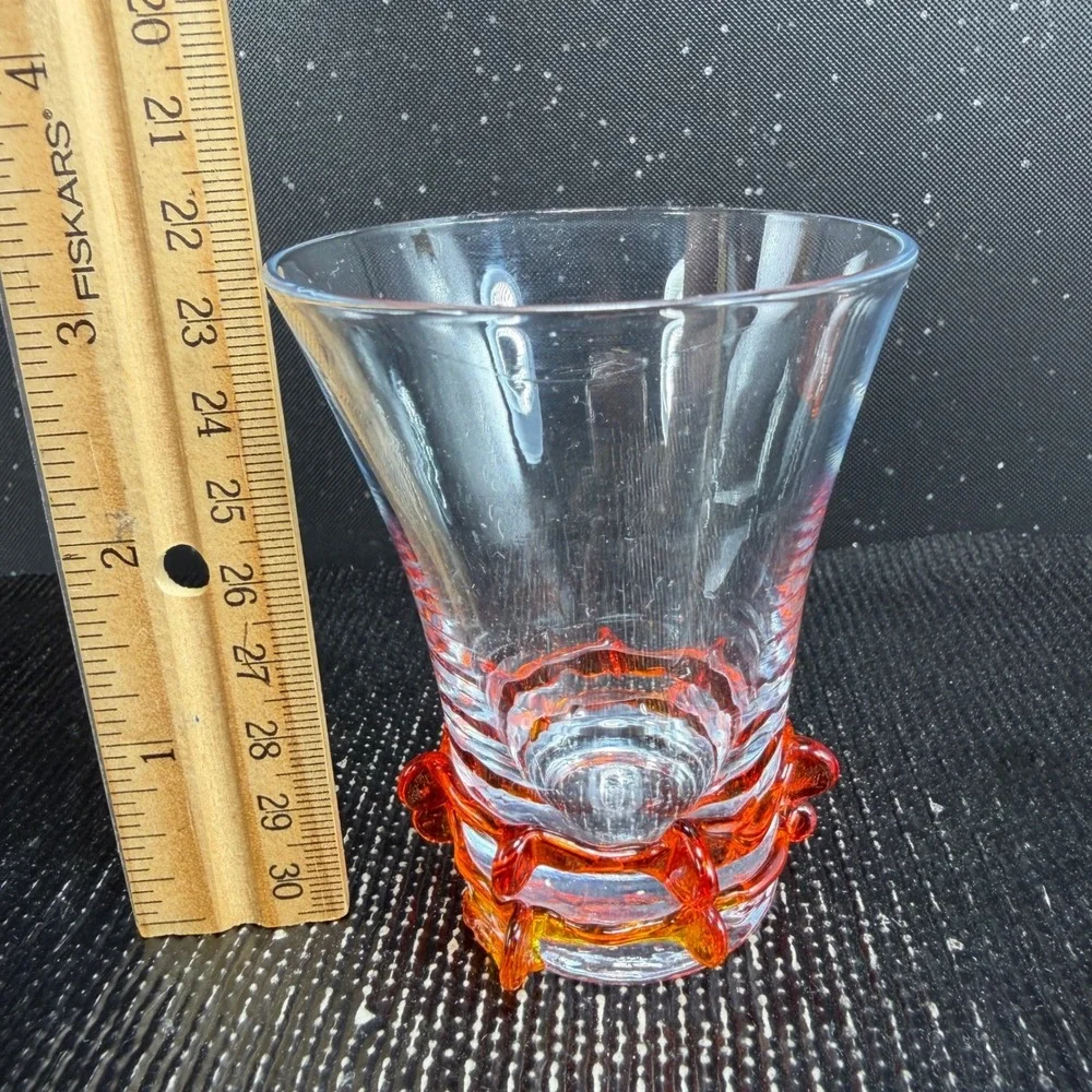 Italian Art Glass Shot Glasses Set 2 Orange Rigaree Flared Clear Glass MCM